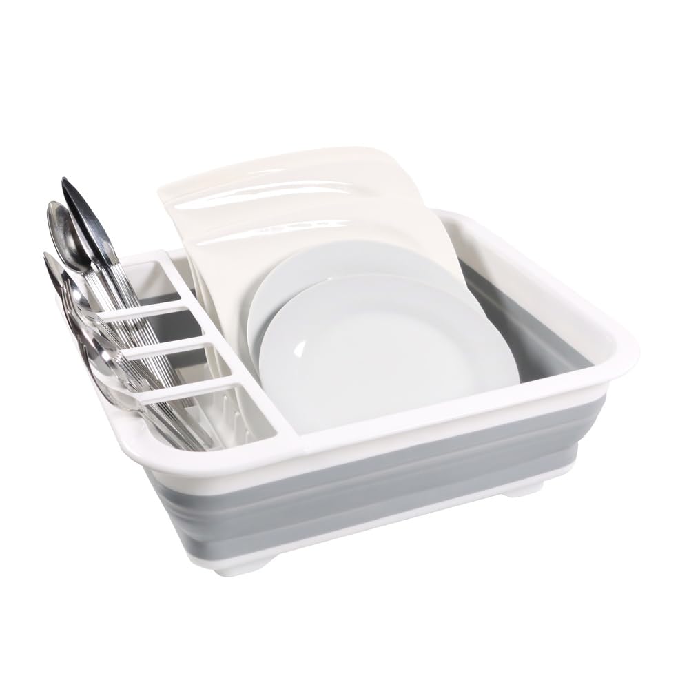 hjh OFFICE drainer rack CLEAN SIL, silicone, foldable for dishes and cutlery space-saving drainer tray, grey/white, 924000 - Image 3