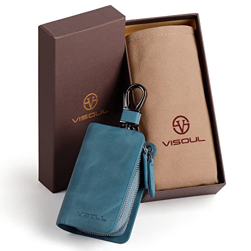 Image of VISOUL Car Key Case Holder Double Zipper, Leather Car Smart Key Fob Case with Keychain for Men and Women