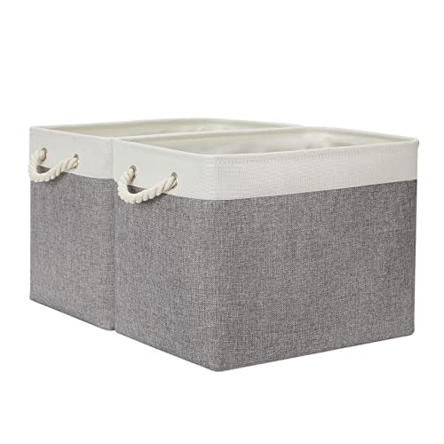 Temary Canastas para organizar, paquete de 2 cestas de almacenamiento grandes de tela con asas, cestas decorativas para regalos vacías para el hogar (blanco y gris, 40.6 cm de largo x 30.5 cm de ancho