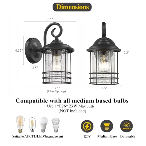 Image of MICSIU Narrow 5.5 inch Wide Black Single Porch Light, 9.8 inch H Modern Farmhouse | Seedy Glass Outside Fixture, Vintage Round Outdoor Wall Sconce For Small Sidelight, Front Door, Garage