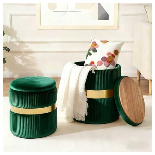 2BYF Round Ottoman with Storage Set of 2 Vanity Stool Foot Rest with Removable Lid for Bedroom Green Velvet Storage Ottoman Stool for Living Room and Dorm
