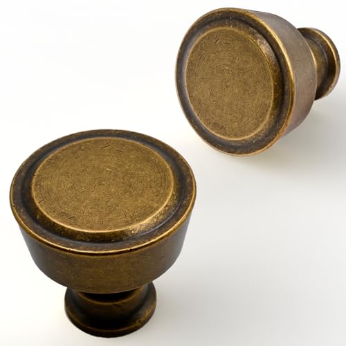 Asimerdeco 10 Pack Antique Brass Cabinet Knobs 1-1/5 Inch(30mm) Single Hole Cabinet Pulls Round Kitchen Cabinet Knobs
