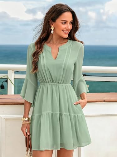 Image of Womens Spring Summer Mini Dress Western Ruffled Sleeve Chiffon V Neck Flowy A Line Short Wedding Guest Party Dresses