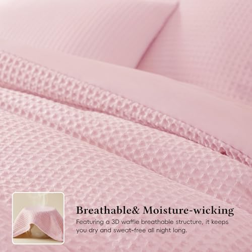 Image of David's Home Textured Summer Waffle Weave Comforter Set, Twin, Pink | Cozy Soft Lightweight Breathable Fluffy Durable Hotel Bedding with Pillow Sham for All Season, Luxury Home Decor, Giftable