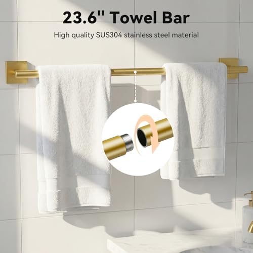 RchDhony 5-Piece Brushed Gold Towel Bar Set, SUS304 Stainless Steel Bathroom Hardware Set with Towel Bar, Toilet Paper Holder, Towel Ring & Robe Hook Wall Mounted