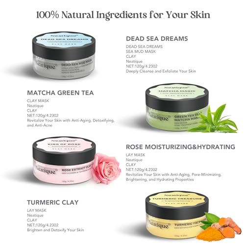 Neatique-Face-Masks-Skincare-Set-480g-120gx4-High-Capacity-Facial-Mask-Clay-Mask-Set-with-Turmeric-wVitamin-C-Green-Tea-Rose-and-Dead-Sea-Mud-Deap-Cleansing-Hydration-and-Pore-Refinement
