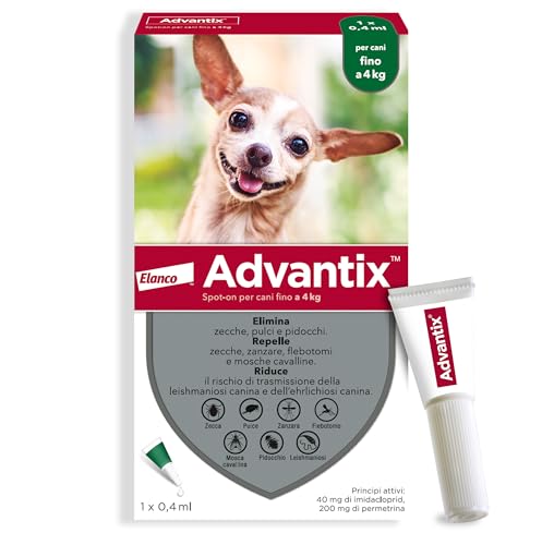 Advantix® Spot-on antiparassitario per Cani fino a 4 kg, 1 pipetta da 0,4 ml. Elimina zecche, pulci, pidocchi e larve di pulce in casa. Protegge da zanzare, pappatacei e rischio di leishmaniosi.