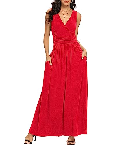 Image of LILBETTER Women Sleeveless Deep V Neck Loose Plain Long Maxi Casual Dress