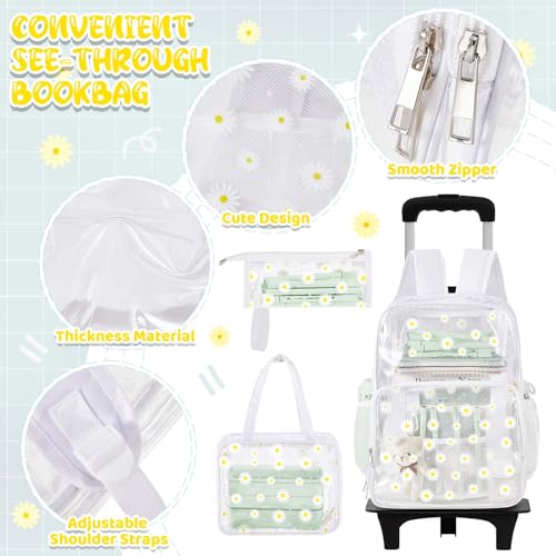 Eccliy 3 Pcs Daisy Rolling Clear Backpack for Girl with Wheels Stadium Approved Backpacks Clear Backpack and Lunch Box3