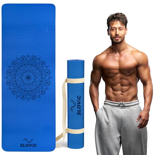 Image of Slovic Yoga Mat for Woman [6 MM] | TPE Yoga Mat for Man | Anti-Slip Exercise Mat for Home Workout & Home Gym | Durable & Lightweight Gym Mats for Floor With Cover Bag | Navy Blue
