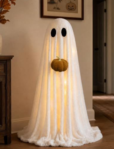 Halloween Decorations Indoor 3.6FT Light-Up Sherpa Ghost with Pumpkin - image 2