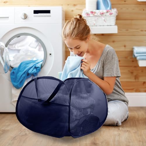 Image of 2 Pack Collapsible Foldable Laundry Baskets, 90L Large Durable Mesh Pop Up Hampers for Bedroom, Bathroom, Dorm, Laundry Room, Travel - Navy