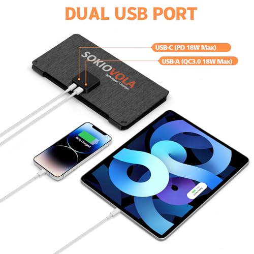 SOKIOVOLA [Upgraded] 28W Portable Solar Panel Foldable Solar Panel USB-A USB-C Ports Solar Panel Portable IP68 Waterproof Solar Phone Charger for Camping Hiking Outdoor Activities - Thumbnail 3