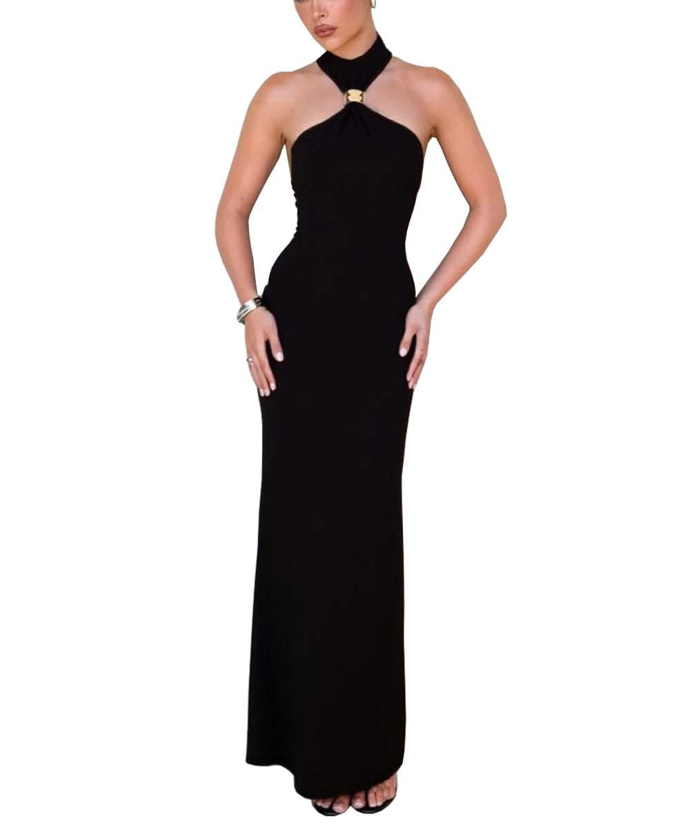 Vestido ajustado de cuello alto para mujer, casual, sin mangas, abertura en la espalda, elegante, para fiesta, cóctel, maxi vestido formal
