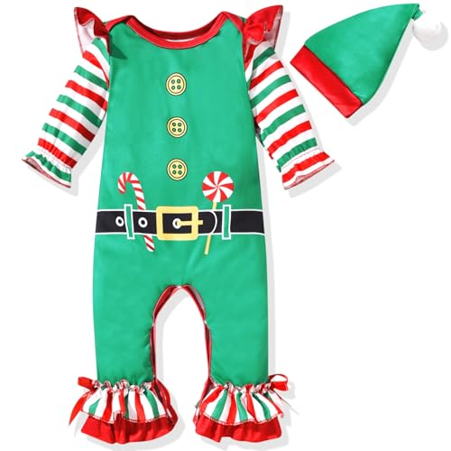 Unutiylo Baby Girl Thanksgiving Christmas Outfit My First Holidays Romper Ruffle Sleeve Jumpsuit with Headband Set