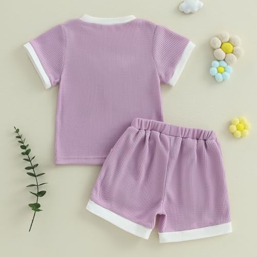 Toddler Baby Girl Outfits 3D Flower Print Waffle Knit Shirt Tops+Jogger Shorts Infant Girl Summer Clothes4