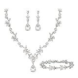 Clearine Wedding Jewellery Set for Women Bride, Y-Necklace Tennis Bracelet Dangle Earrings Set Crystal Teardrop Marquise Cluster Jewellery for Bridal Bridesmaid Clear Silver-Tone