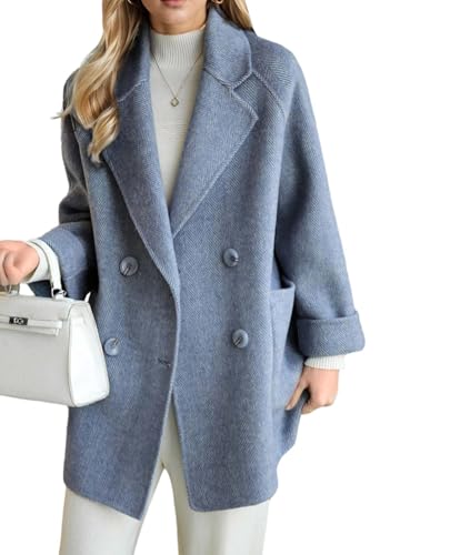 CHARTOU Damen Wollmantel Peacoat Jacke, dick, locker, zweireihig, Erbsenmantel, Wolle, Wintermantel, Blau, M