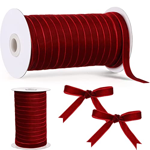 Excefore Vintage Velvet Ribbon Single Face Spool Satin Velvet Ribbon for Wreath Decoration DIY Bow Craft Gift Wrapping (Burgundy 1cm 50 Yard)