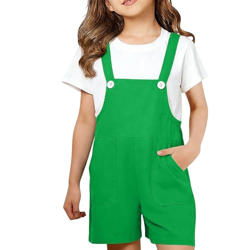 Youth Shortalls Sleeveless Romper Kids Girls Boys Bib Overall Shorts Soft Plain Short Jumpsuit (Green, 7-8 Years)