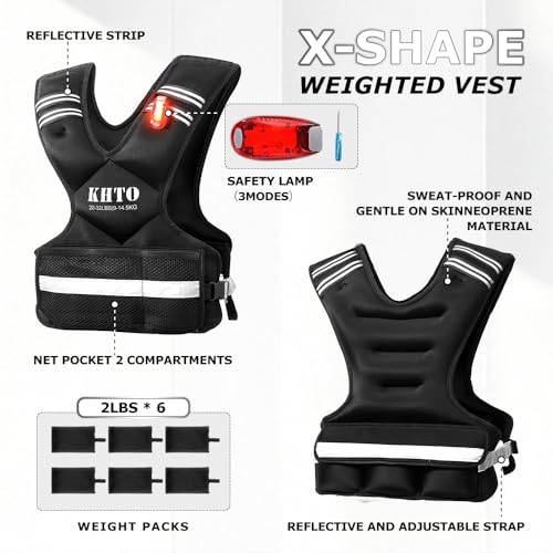KHTO Adjustable Weighted Vest for Men and Women – X Shaped Weight Vest with Warning Light, Reflective Strip – Weighted Walking Vest Strength Training Weight Vests for Home, Gym (20-32lb) by KHTO - Image 2