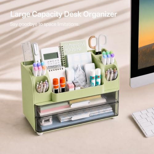 HBlife Desk Organizer with Pencil Pen Organizer for Desk, Pen Holder with 2 Drawers, Desk Organizers and Accessories with Compartments, Desktop Storage for Office Home School Art Supplies, Green - Image 2
