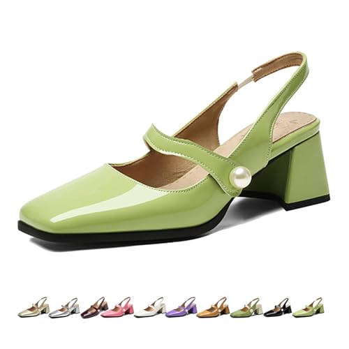 Women's Block Heel Mary Janes Slingback Pumps 2 Inches Closed Square Toe Patent Leather Dress Shoes Mid Heeled Sandals Comfortable Walking Party Wedding Office Working