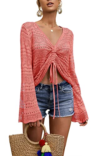 Image of Saodimallsu Womens Boho Off Shoulder Sheer Crop Tops Bell Sleeve Flowy Oversized Crochet Ruched Pullover Sweaters