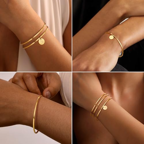 Initial Gold Bracelets for Women 18K Gold Plated A-Z Initial Bangle Bracelets for Women Set Stackable Thin Round Bangle Bracelet Dainty Non Tarnish Dainty Cute Initial Stainless Steel Bracelet Teen Trendy Gifts Jewelry3