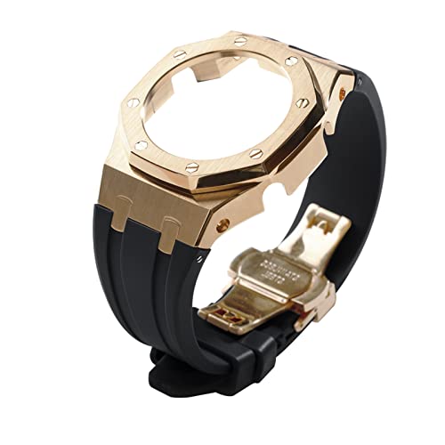 Image of GA2100 Stainless Steel Watch Case with Metal Watchband and Rubber Strap Mod Kit - Compatible with GA-2100 /GA-2110 /GA-B2100 Series - Watch Part Replacement