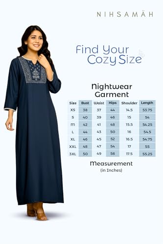 Image of NIHSAMAH Viscose Nighty for Women, Embroidered & Printed Stylish Night Gown, Long Sleeve Comfortable Sleepwear Long Nightwear, Maxi