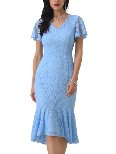 WOMLAYOUT Womens' Lace Floral Dresses Fishtail Formal Cocktail Short Sleeve