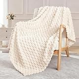 Exclusivo Mezcla Extra Large Fleece Throw Blanket for Couch, 50x70 Inches Stylish Jacquard Soft Throw Blanket, Fuzzy Cozy Lightweight for All Season, Ivory