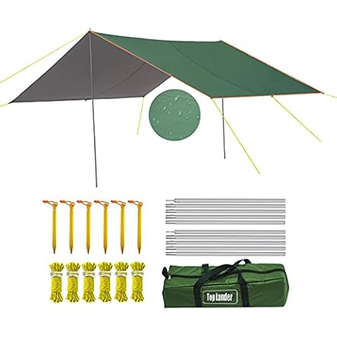 Top Lander Large Waterproof Camping Tent Tarp with Aluminum Awning Poles Ultralight Rain Shelter Canopy Mutifunctional Bivvy Accessories for Fishing Beach Hiking Outdoor Backpacking Hammock Cover