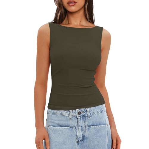 Ofertas De Amazon, Camisetas Basicas Mujer Verano Rebajas Camisetas sin Mangas Mujer Algodón Cuello Redondo Tshirt Camisetas Basica Blusas Mujer Slim Fit T Shirts Verde del ejército S