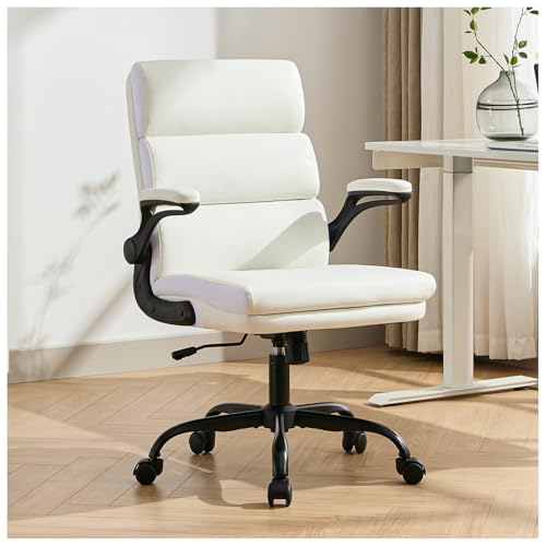 Office Chair Adjustable Desk Chair Mid Back Executive Comfortable Bonded Leather Ergonomic Back Support Home Computer Chair with Padded Flip-up Armrest Swivel Wheels (White)