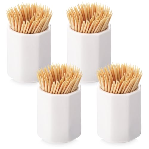 Mimorou 4 Pcs White Ceramic Toothpick Holder Simple Ceramic Toothpick Dispenser Container for Home Charcuterie, Easy to Clean(Octagon)