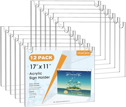 Image of MaxGear Acrylic Wall Mount Sign Holder, 11 x 17 Landscape, 12 Pack | Includes Adhesive Tapes and Screws, Clear Acrylic Display for Signs, Posters and Documents, Ideal for Office, Home, Store