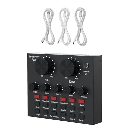 ULHYC External Sound Card V8 Live External Sound Mixer Board Voice Changer Sound Card with Multiple Sound Effects for Live Recording Home KTV Voice Chat (V8)