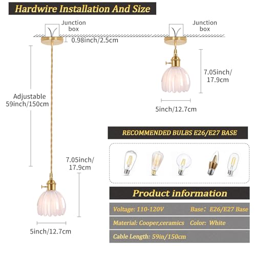 Shenmoyl Pendant Light With White Tulip Glass Lmapshade, Brass Vintage Pendant Light Adjustable Hanging Light For Kitchen Island Dining Room Hallway thumb #5