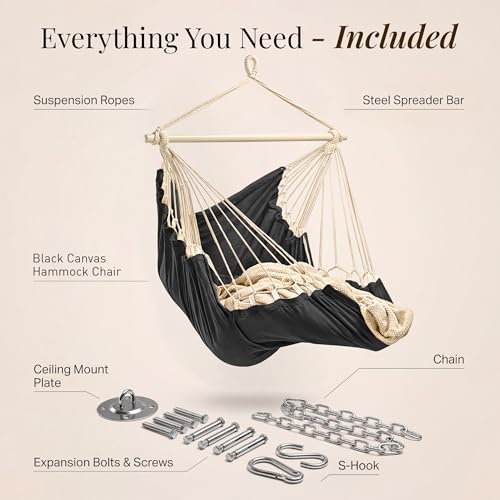 Image of Hanging Hammock Chair Swing - Hanging Chair Outdoor & Indoor - Hammock Swing Chair - Quick & Easy Setup with Hardware Kit - Durable & Spacious Full Body Support - Holds 440 Lbs