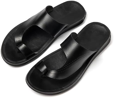 Men's Leather Hollow Flat Flip Flops Sandals Casual Open Toe Comfort Arch Support Soft Bottom Slip On Orthotic Slides Summer Lightweight Anti-Slip Walking Beach Sandals
