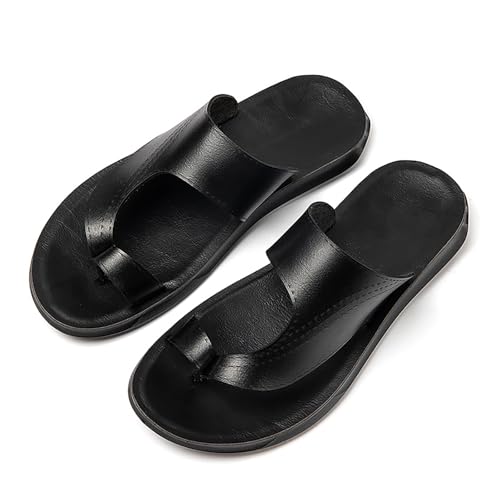 Men's Leather Hollow Flat Flip Flops Sandals Casual Open Toe Comfort Arch Support Soft Bottom Slip On Orthotic Slides Summer Lightweight Anti-Slip Walking Beach Sandals