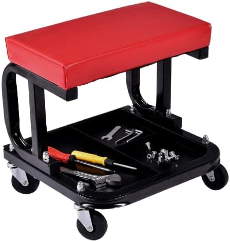 Keetoz Roller Seat for Garage with Three Divisions Tool Tray Yellow Pneumatic Tire Repair Stool Creeper Stool Chair