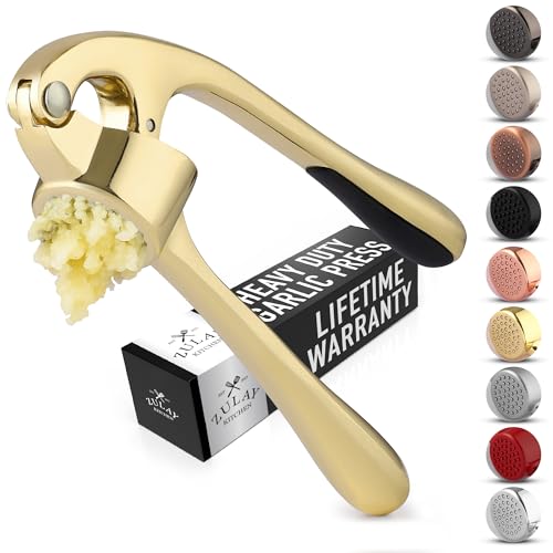 Image of Zulay Kitchen Premium Garlic Press with Soft, Easy to Squeeze Handle - Includes Silicone Garlic Peeler & Cleaning Brush - 3 Piece Garlic Mincer Tool - Sturdy Easy to Clean Garlic Crusher (Gold)