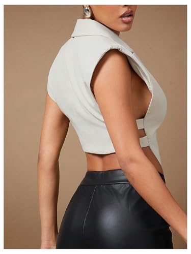 WDIRARA Women's Button Down Shoulder Pad Asymmetrical Tank Top Lapel Neck Sleeveless Suit Vest3
