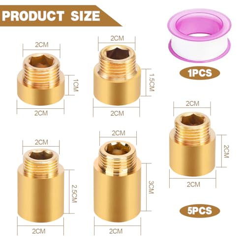 5 Stück Hahnverlängerung 1/2 Zoll, RohrverläNgerung Messing 1/2 Zoll x10mm/15mm/20mm/25mm/30mm, verlängerung Fitting, Wasserhahnverlängerung aus Messing, für Wasserhähne und Duschköpfe