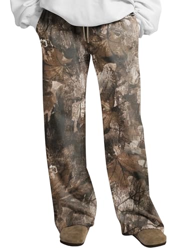 Women Wide Leg Camo Sweatpants Drawstring High Waisted Camouflage Sweat Pants Baggy Fleece Camo Pants with Pockets