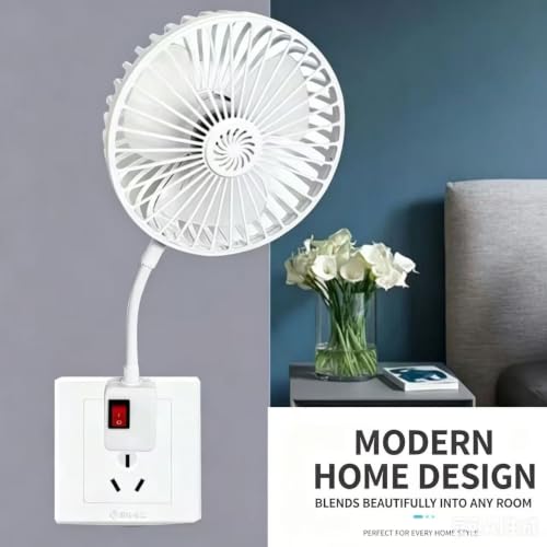 Image of Mini Compact 5 inch Inch Electric Plug-in Fan - with 360* Flexible Hose Pipe, On /Off Switch, White, with Universal Travel Adapter