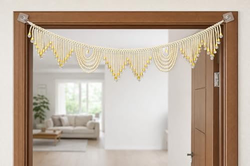 Image of Pearl Beaded Door Toran for Home Decoration | Handmade Moti Bandhanwar with Golden Drops | Wall & Mandir Hanging for Festive Decor, Diwali, Pooja, Wedding (1 Piece)